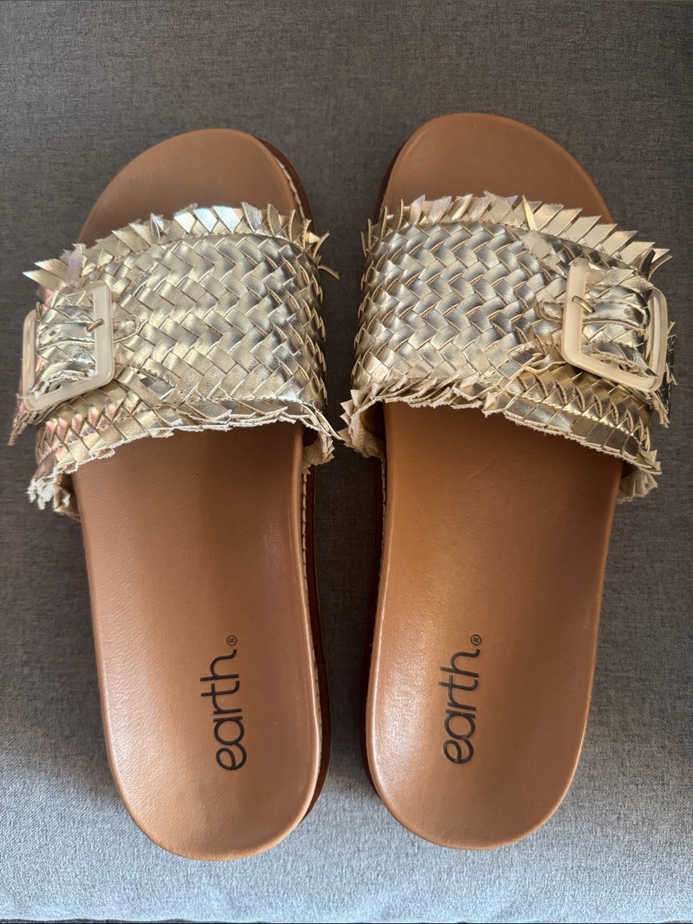 Earth Metallic Gold Woven Buckle Slide Sandals